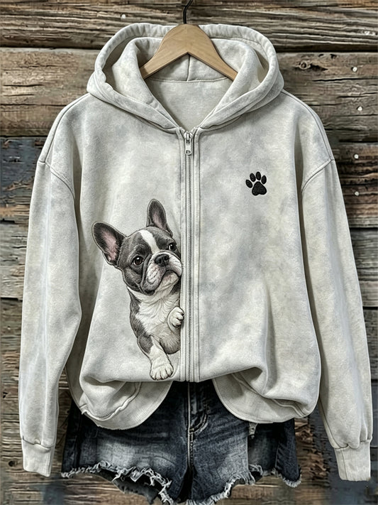 Sweat à capuche à fermeture éclair pour femme Peeking French Bulldog & Paw Print