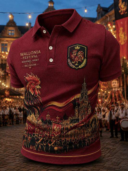Polo homme à manches courtes en maille gaufre, orné d’un imprimé inspiré de la Fête folklorique wallonne