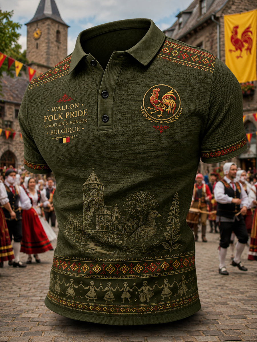 Polo Homme Manches Courtes Tricot Gaufré Imprimé Festival Folk Wallon