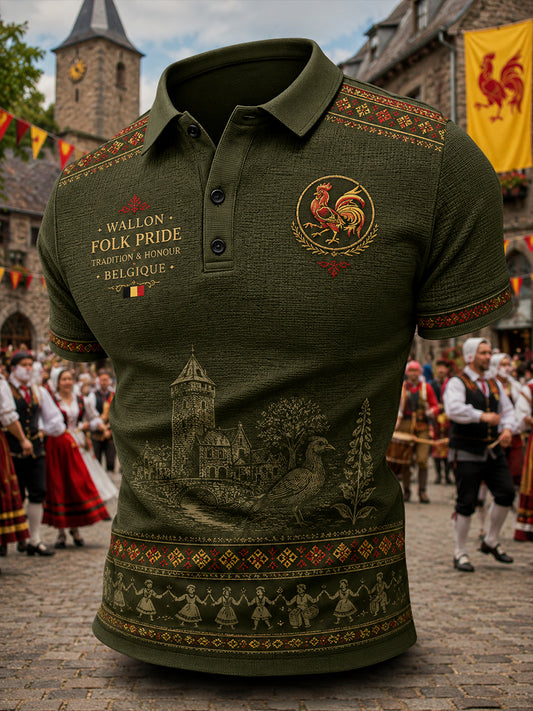 Polo Homme Manches Courtes Tricot Gaufré Imprimé Festival Folk Wallon