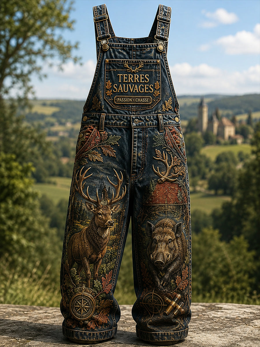 Pantalons à bretelles pour homme, imprimé saison de chasse française