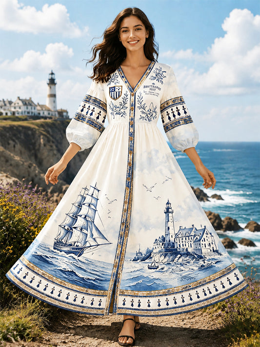 Robe décontractée légère à col en V pour femme, imprimé marin breton
