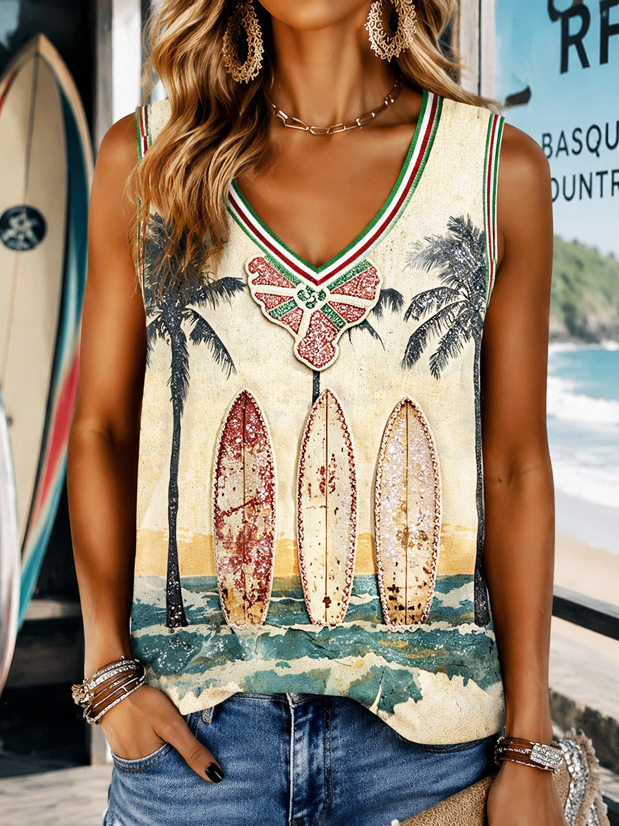 Gilet rétro français basque à imprimé surf pour femme, col en V, décontracté, pour la plage et l’été