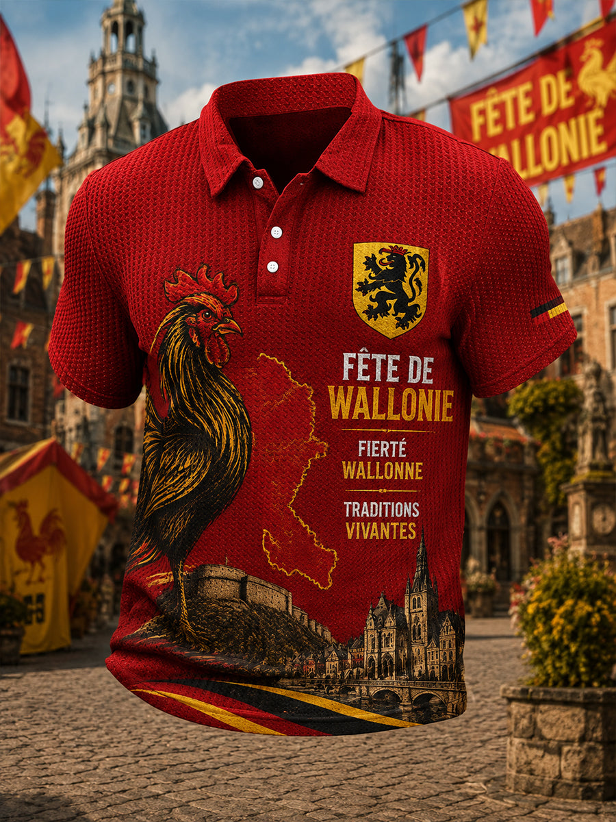 T-shirt à manches courtes en tricot gaufré graphique Festival de folklore wallon pour homme