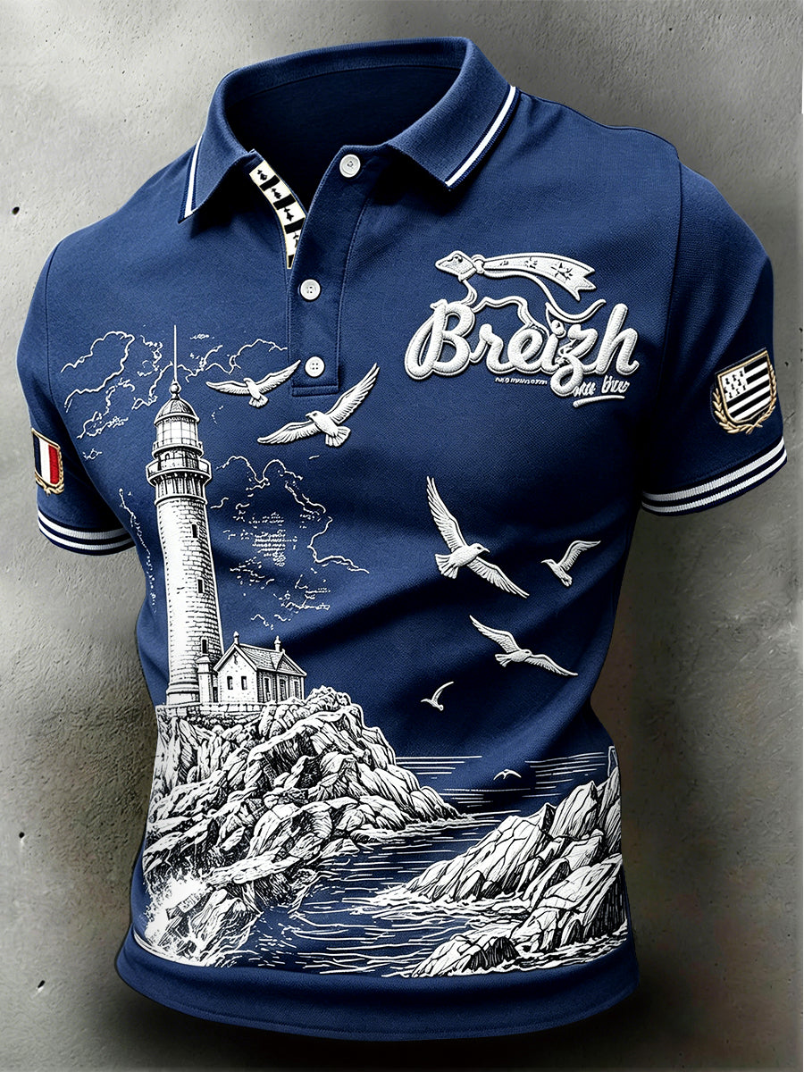 Polo Homme Bleu Foncé Imprimé Bretagne Française