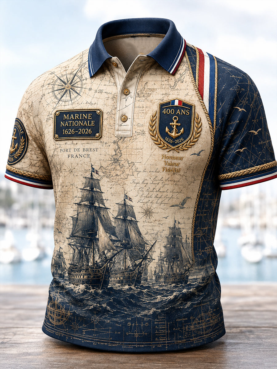 Polo Homme Marine Française Imprimé Art