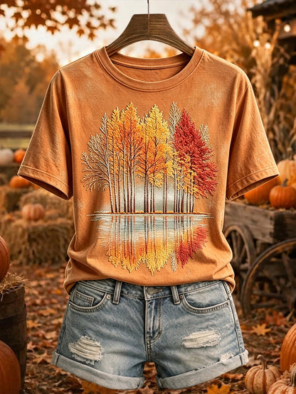 T-shirt confortable à manches courtes imprimé arbres d'automne vintage pour femmes