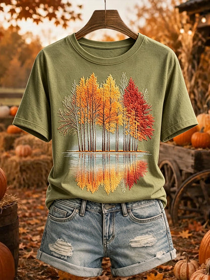 T-shirt confortable à manches courtes imprimé arbres d'automne vintage pour femmes