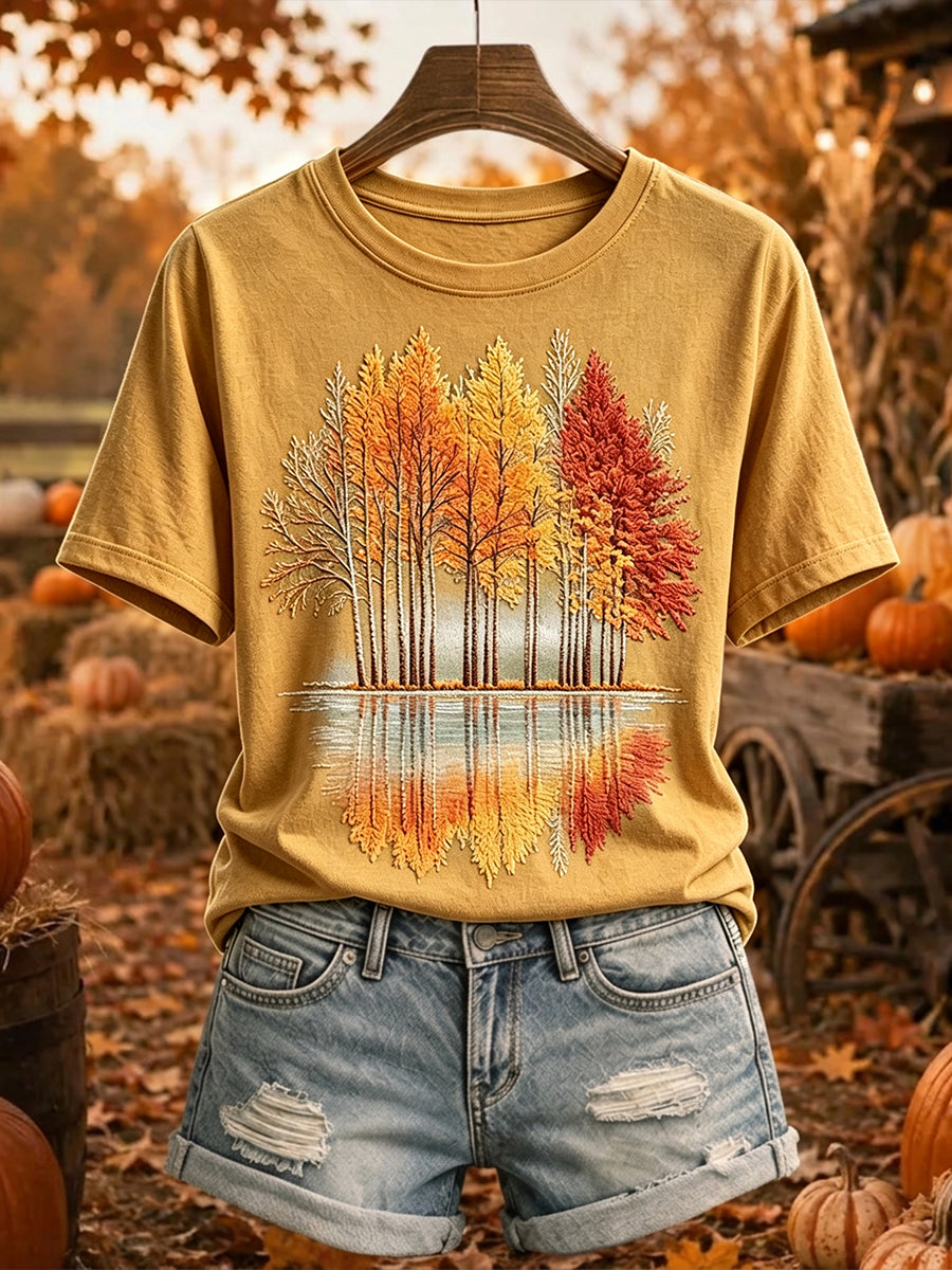 T-shirt confortable à manches courtes imprimé arbres d'automne vintage pour femmes