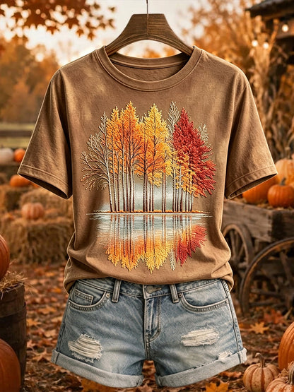 T-shirt confortable à manches courtes imprimé arbres d'automne vintage pour femmes