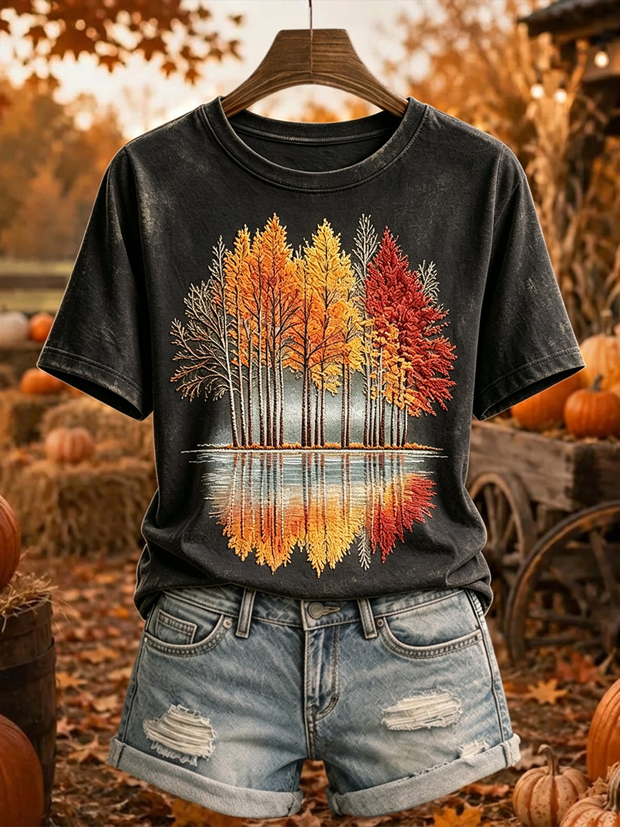 T-shirt confortable à manches courtes imprimé arbres d'automne vintage pour femmes