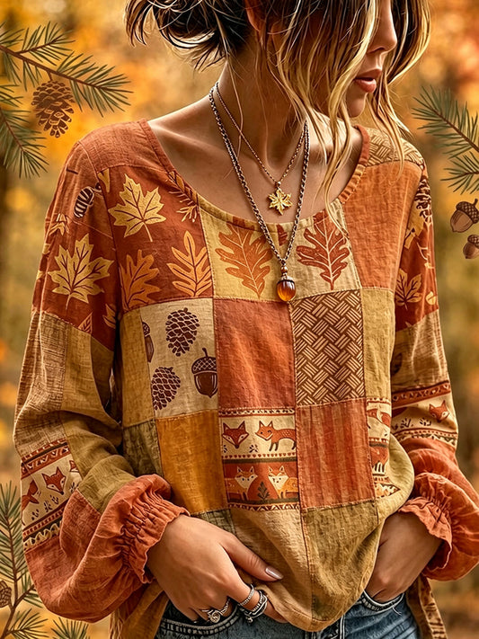 Chemise Femme Cottagecore Automne Patchwork Imprimé Coton-Lin