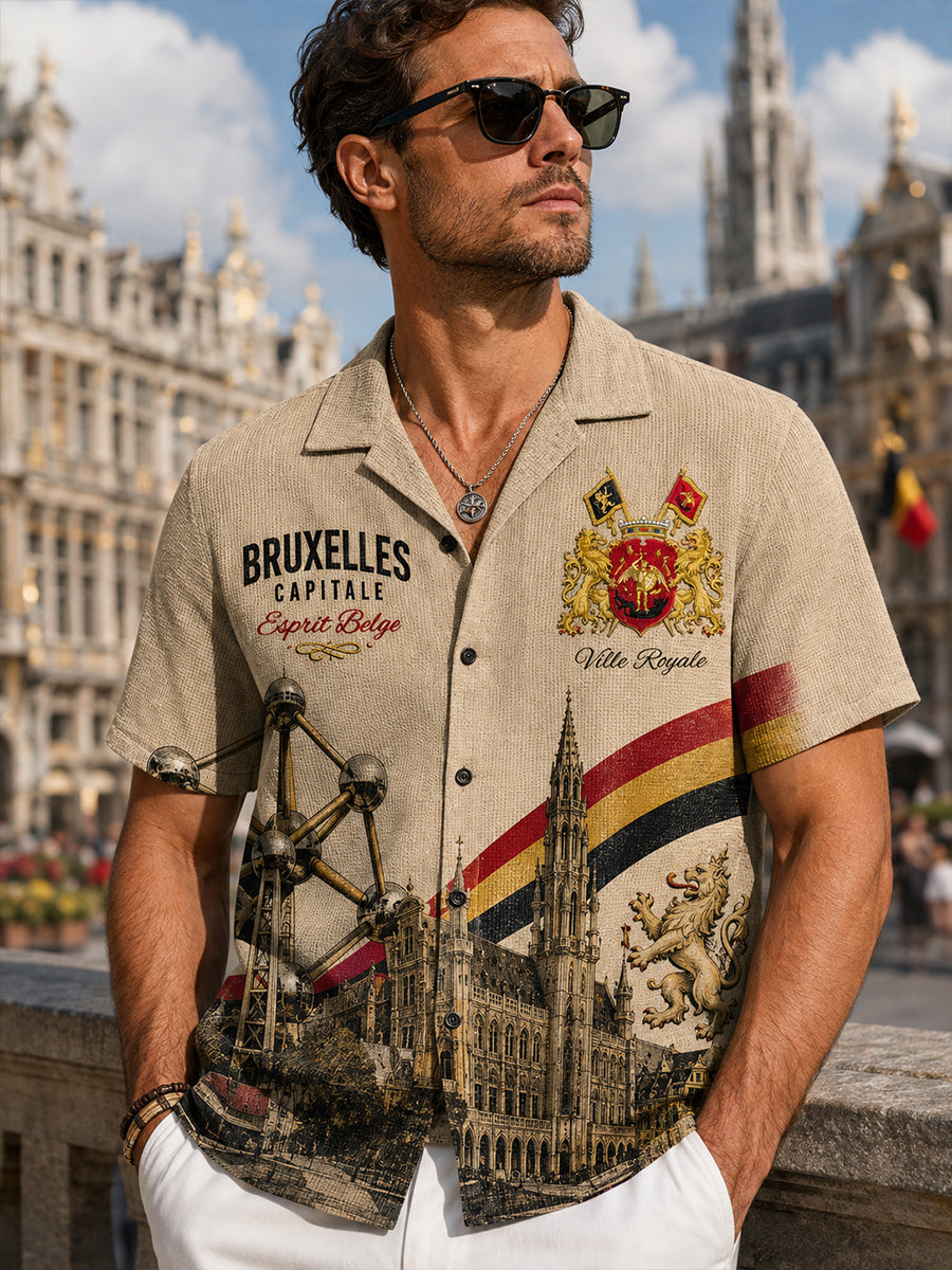 Chemise Homme À Manches Courtes En Tricot Gaufré Imprimé Ville Rétro