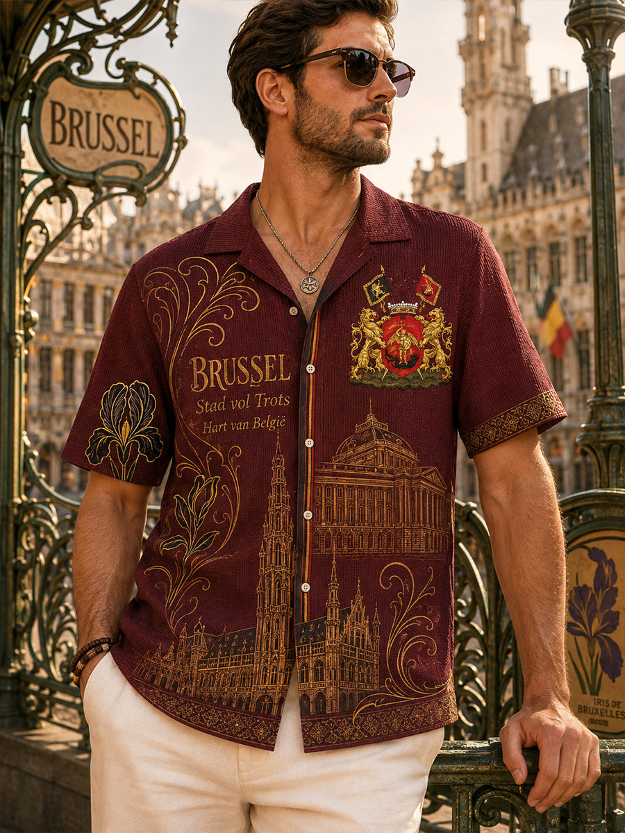 Chemise rétro pour homme à imprimé urbain, en maille gaufrée, à manches courtes