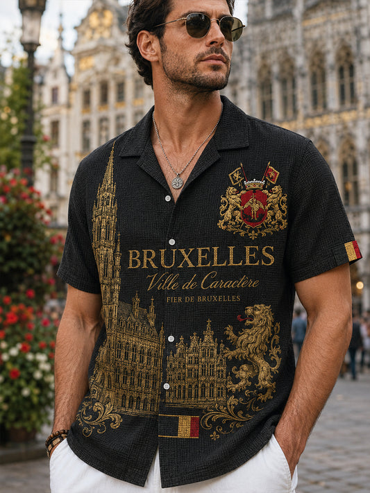 Chemise rétro pour homme à imprimé urbain, en maille gaufrée, à manches courtes