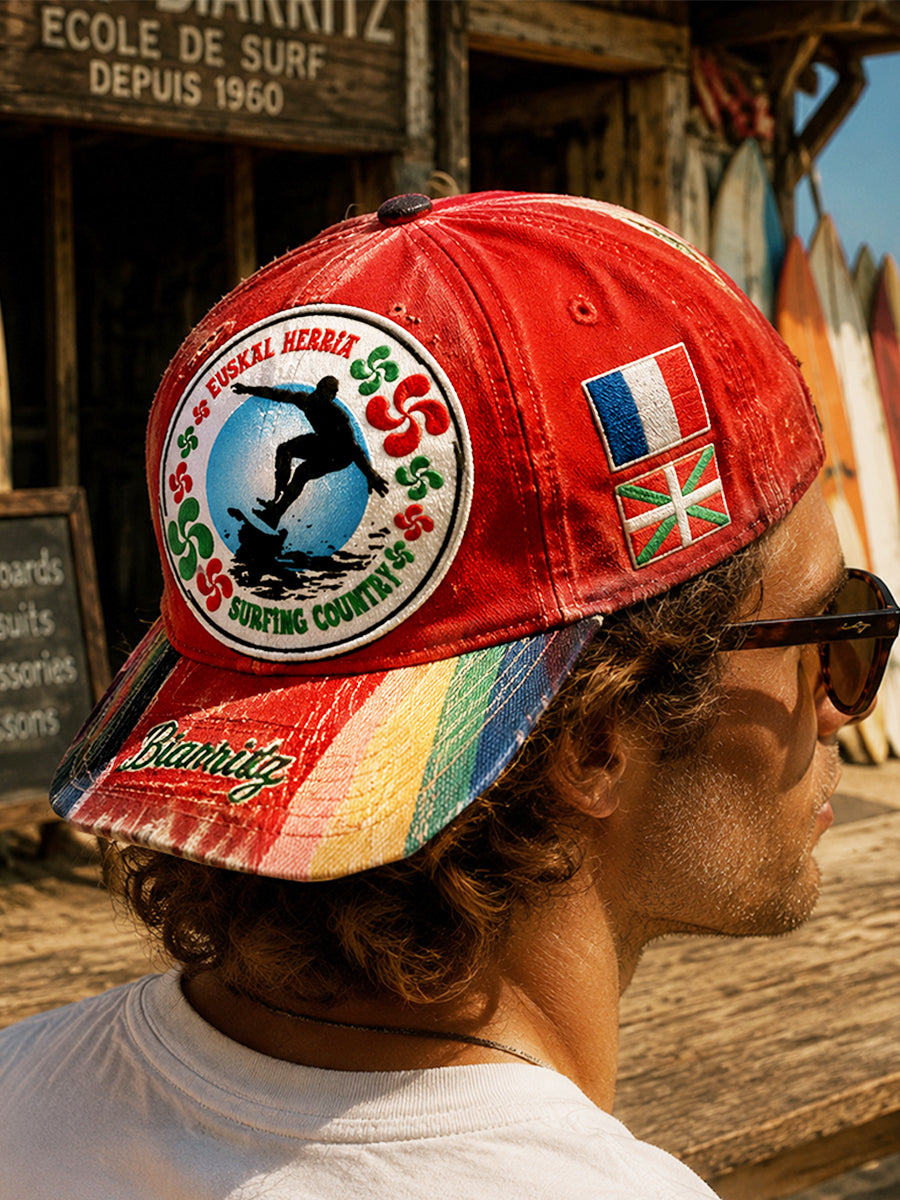 Chapeau décontracté à la mode avec imprimé surf, basque française rouge de Biarritz