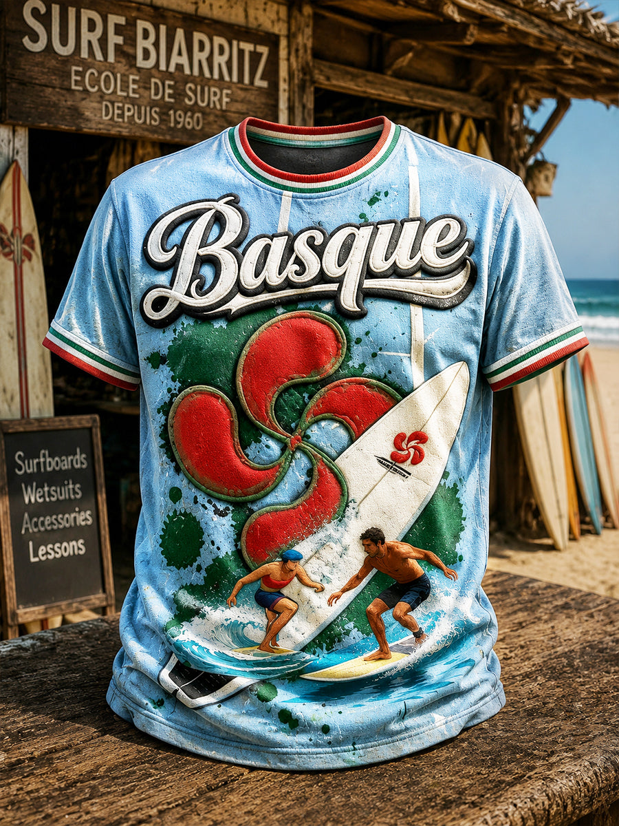 T-shirt décontracté à la mode pour homme, bleu, imprimé surf basque français
