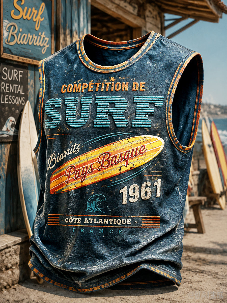 Gilet décontracté pour homme, bleu foncé, imprimé surf, style basque français