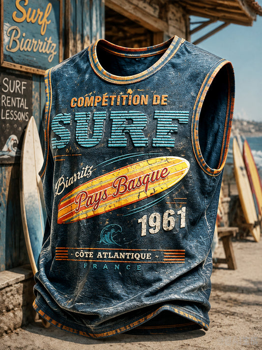 Gilet décontracté pour homme, bleu foncé, imprimé surf, style basque français