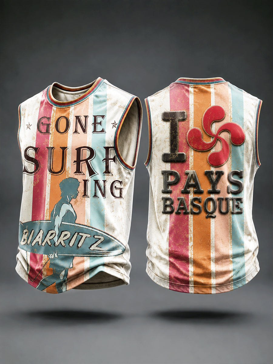 Gilet décontracté et tendance pour homme, imprimé rayures de surf, style basque français