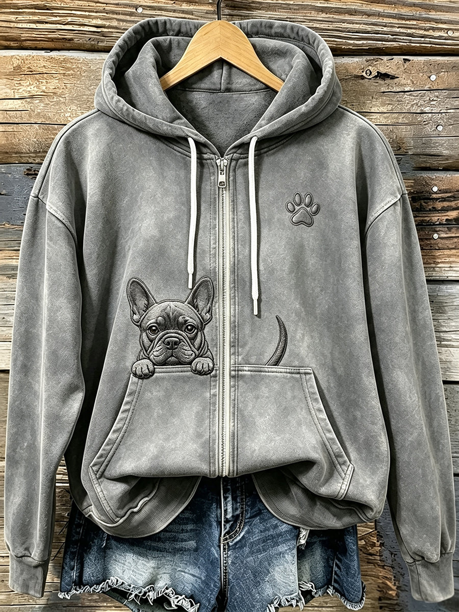 Femmes Cute Peeking Bouledogue Français avec Patte Imprimer Cozy Zip-Up Hoodie