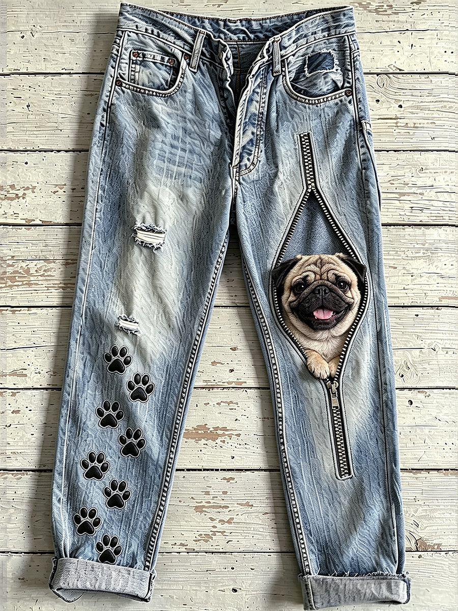 Les femmes Animal Chien Zipper Art Imprimer Jeans