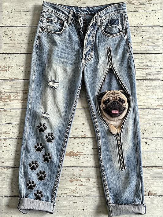 Les femmes Animal Chien Zipper Art Imprimer Jeans