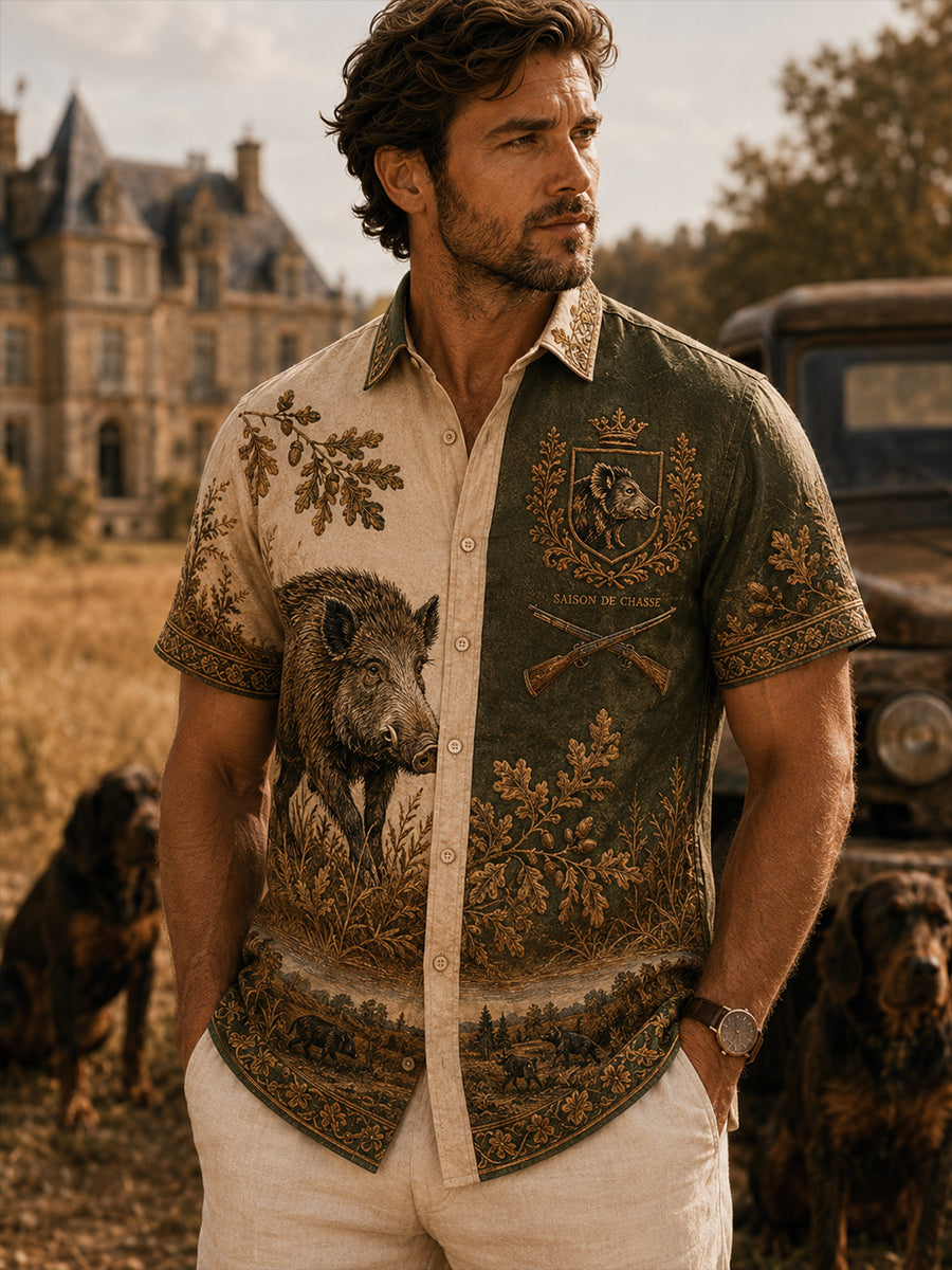 Chemise décontractée à manches courtes pour la saison de chasse, style français, pour homme