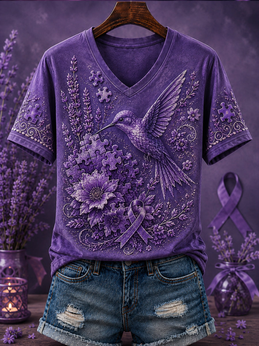 T-shirt Femme Violet Imprimé Flora Art Col V