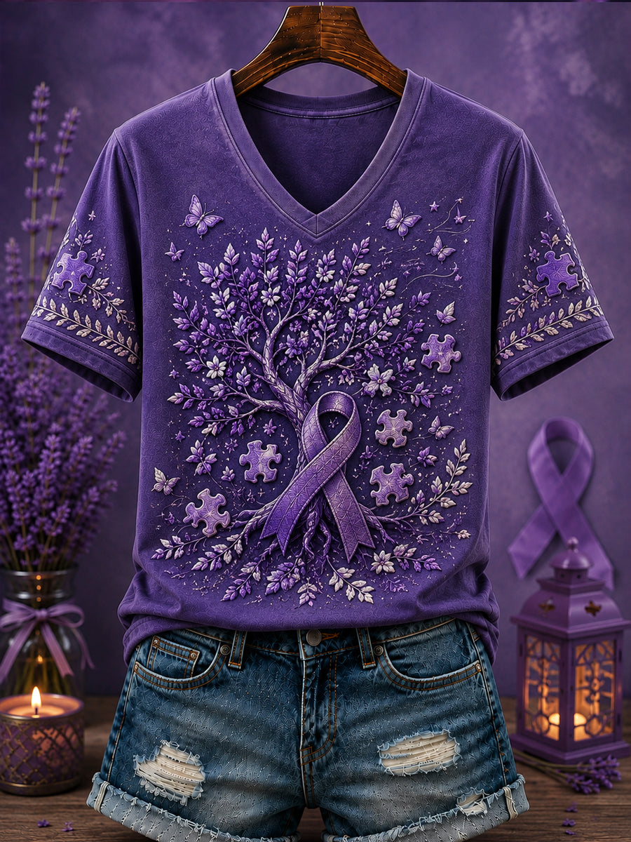 T-shirt à col en V pour femme, motif floral violet imprimé