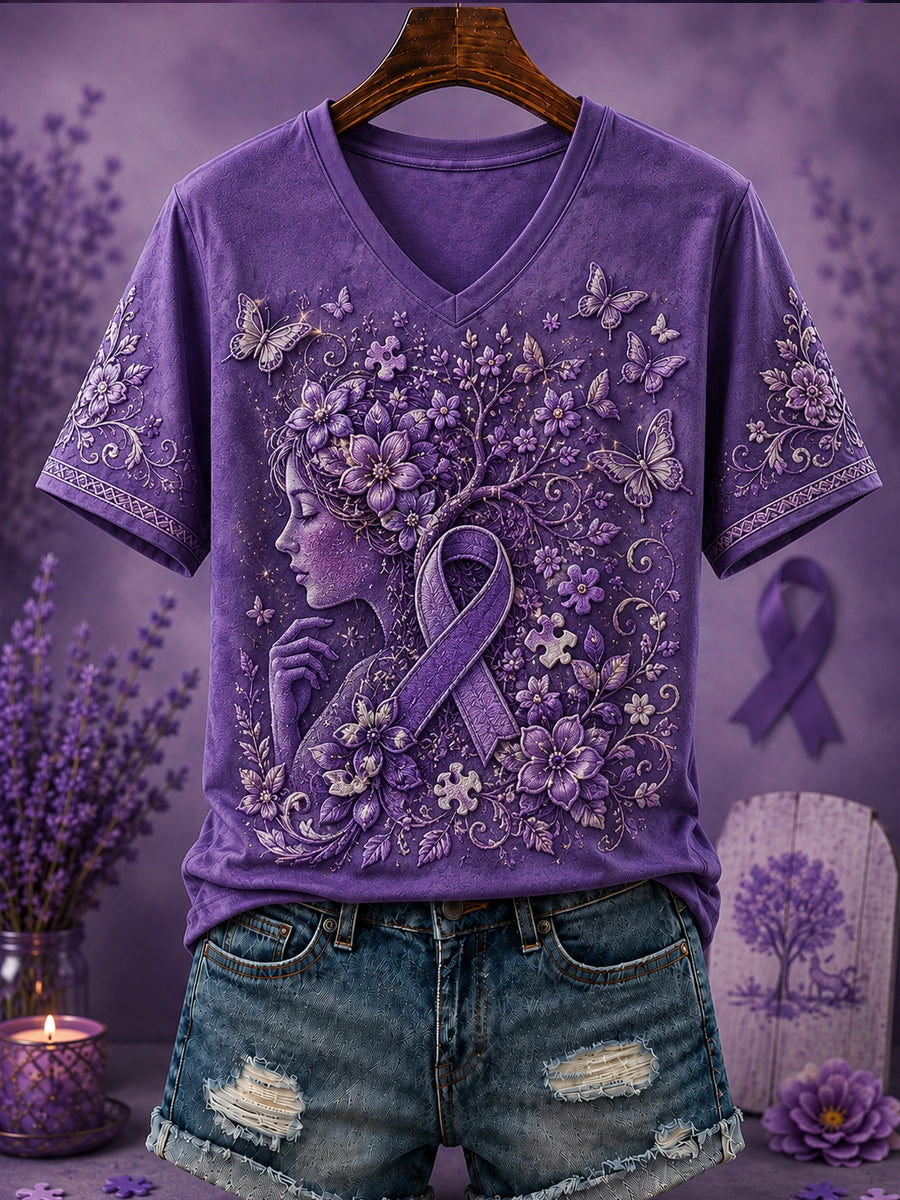 T-shirt à col en V pour femme, motif floral violet imprimé