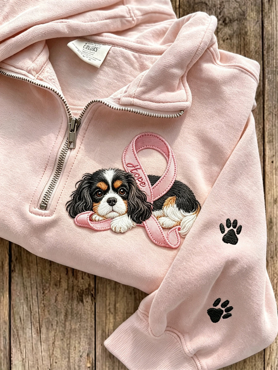 Sweat-shirt à glissière pour femme Hope avec ruban rose King Charles Dog & Paw Prints