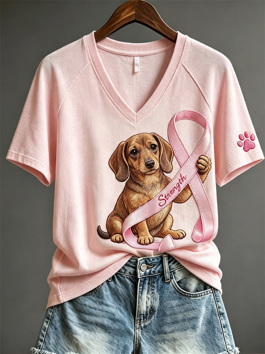 T-shirt à manches courtes à imprimé chien et patte pour femme Force ruban rose teckel