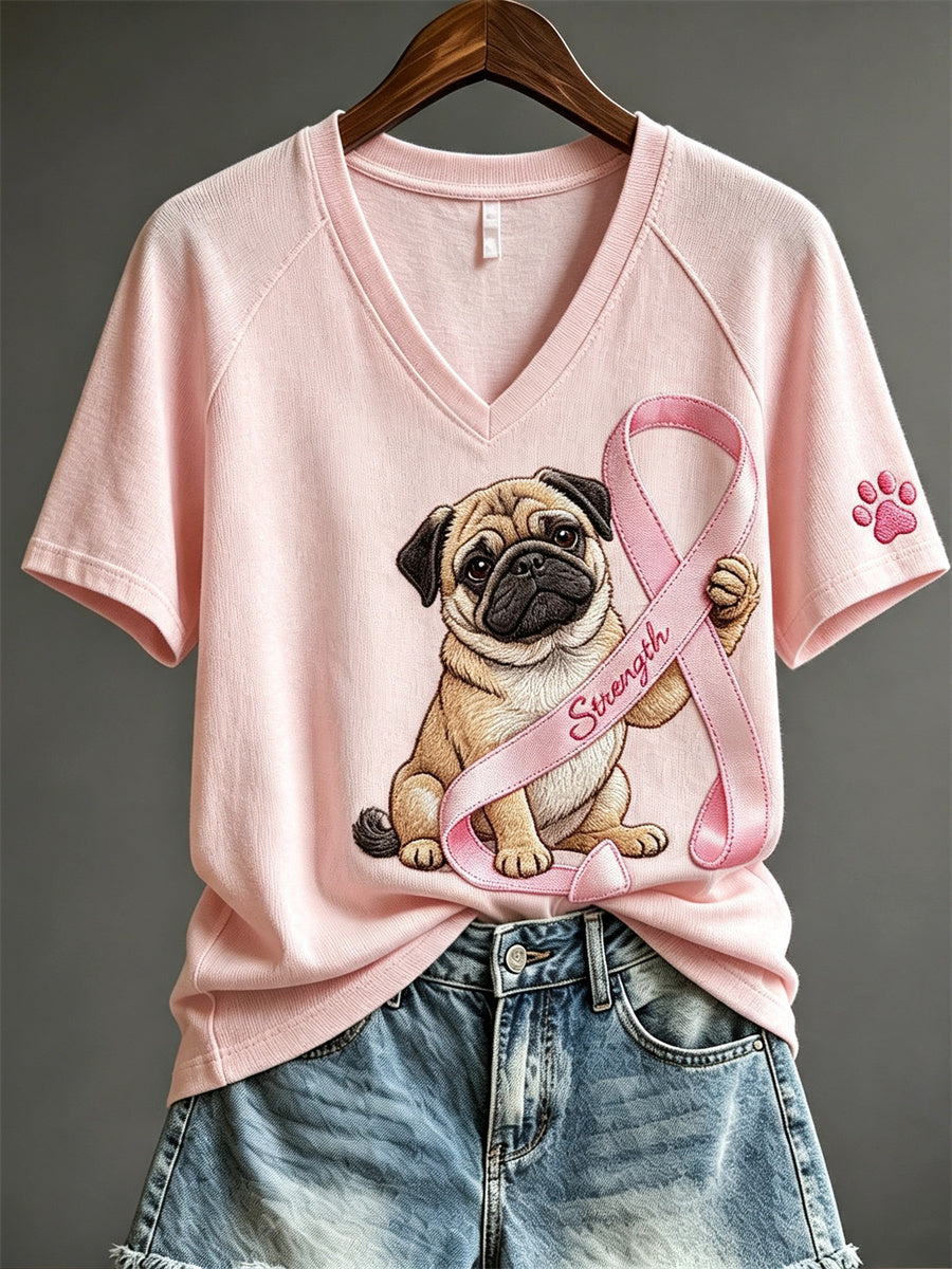 T-shirt Femme Force Ruban Rose Pug Chien Et Patte Imprimé à Manches Courtes