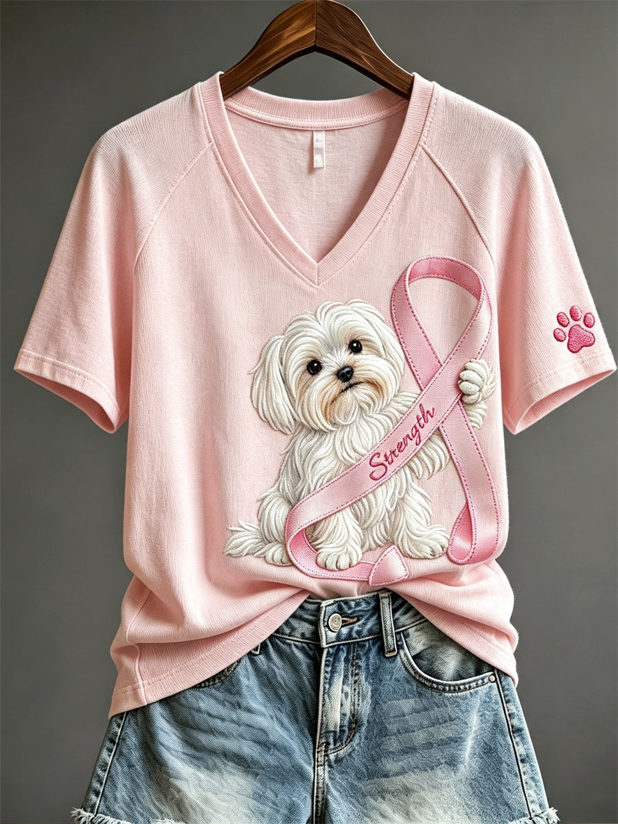 T-shirt femme à manches courtes ruban rose et imprimé chien maltais