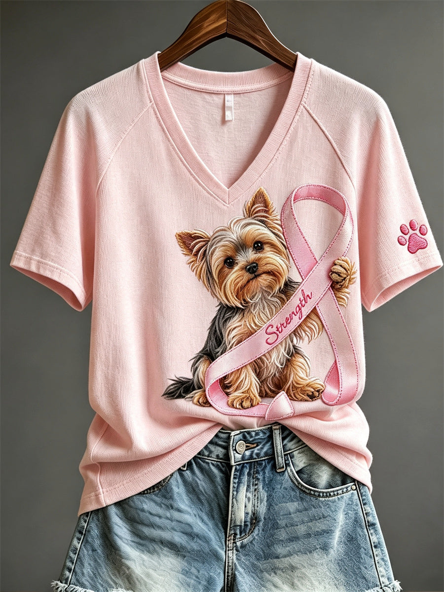 T-shirt femme à manches courtes avec ruban rose Yorkshire Dog & Paw Print