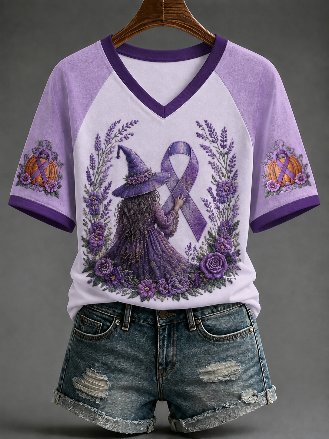 T-shirt manches courtes col V à épaules dénudées pour femmes Alzheimer's Awareness