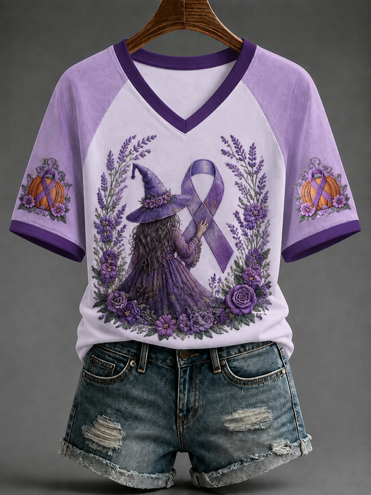 T-shirt manches courtes col V à épaules dénudées pour femmes Alzheimer's Awareness