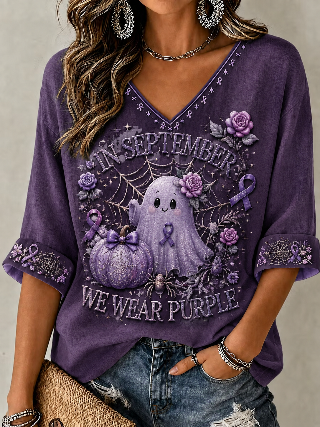 T-shirt femme à manches mi-longues et col en V, «En septembre, nous portons du violet»