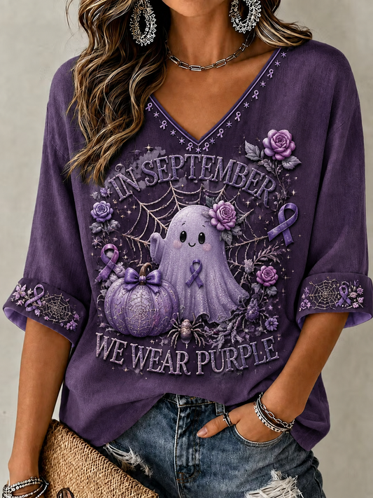 T-shirt femme à manches mi-longues et col en V, «En septembre, nous portons du violet»