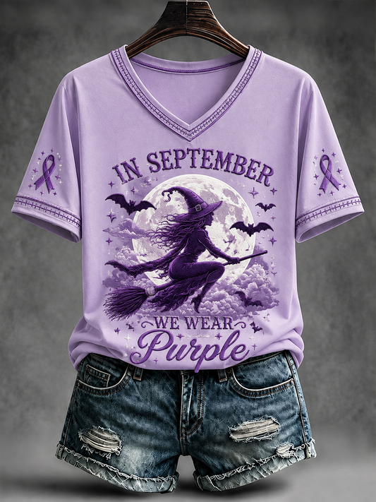 T-shirt à manches courtes «En septembre, nous portons du violet» pour femmes