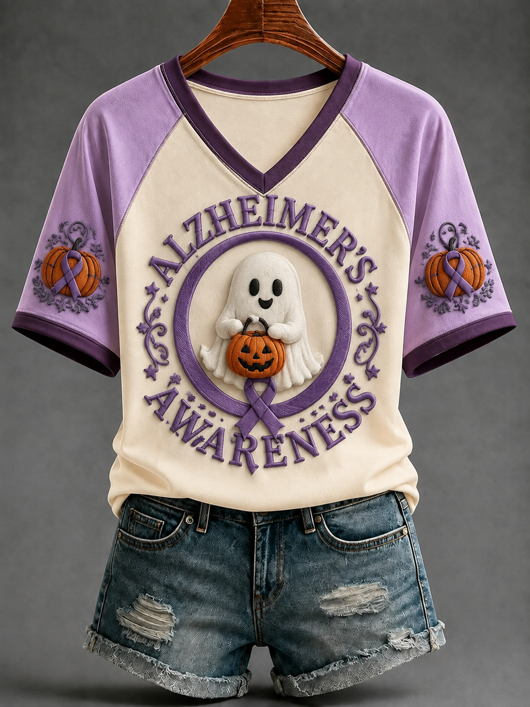 T-shirt à col en V et épaules dénudées, manches courtes, sensibilisation à la maladie d’Alzheimer chez les femmes