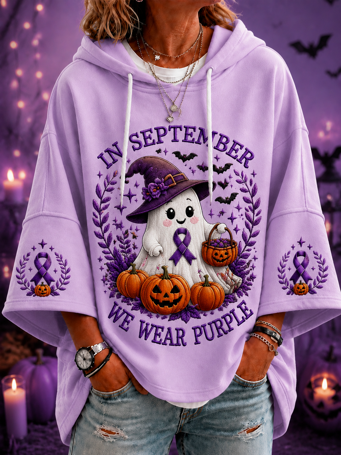 Sweat à capuche manches courtes «En septembre, nous portons du violet» pour femmes