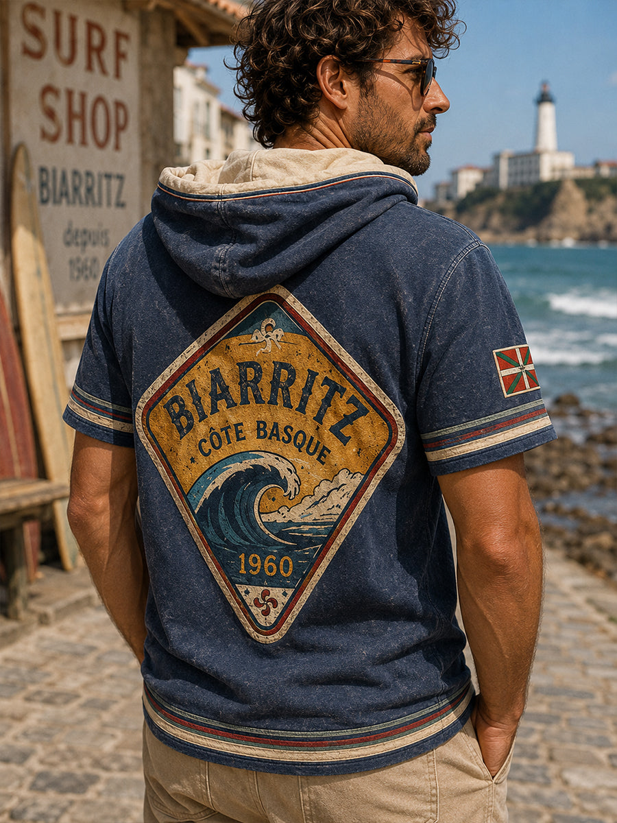 Sweat à capuche décontracté à manches courtes pour homme, imprimé inspiré de la culture basque et du surf français