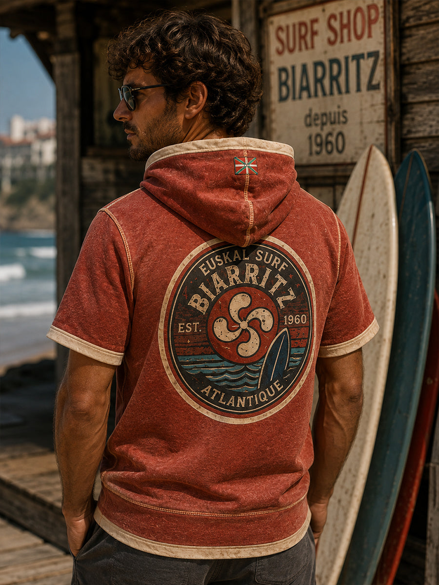 Sweat à capuche décontracté à manches courtes pour homme, imprimé inspiré de la culture basque et du surf français