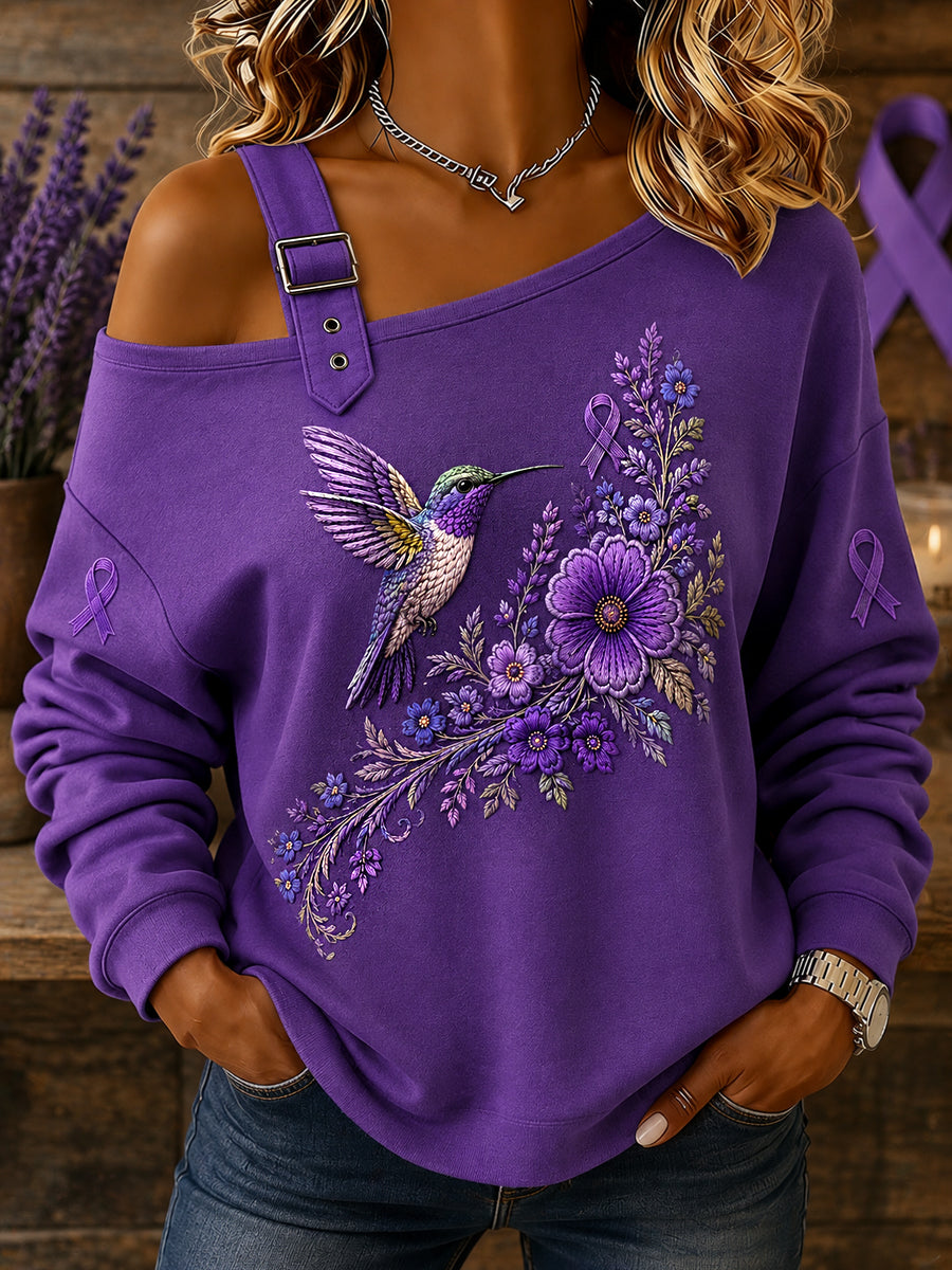 Femme Violet Floral & Colibri Imprimer la conscience de la maladie d'Alzheimer soutien Off-épaule Sweatshirt