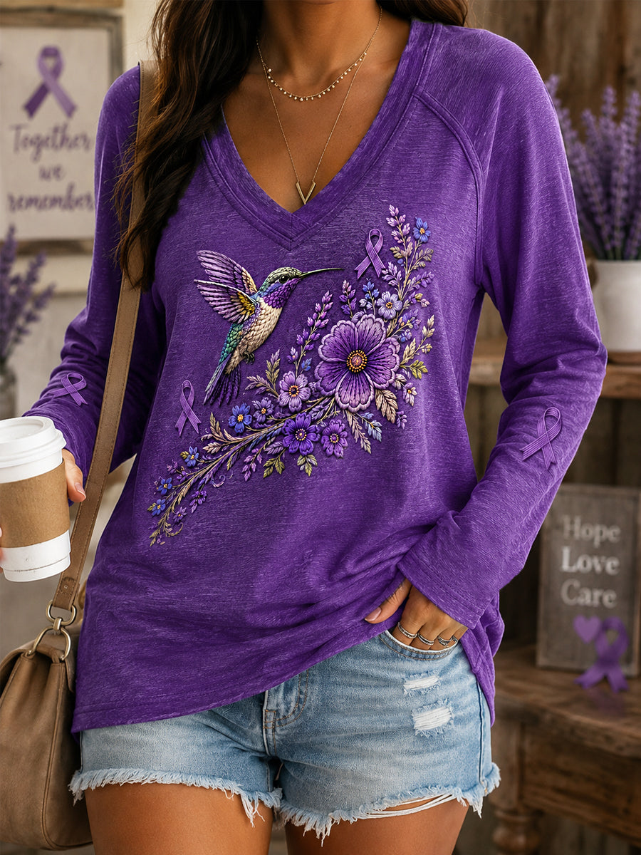 T-shirt à manches longues violet imprimé floral et colibri pour femme