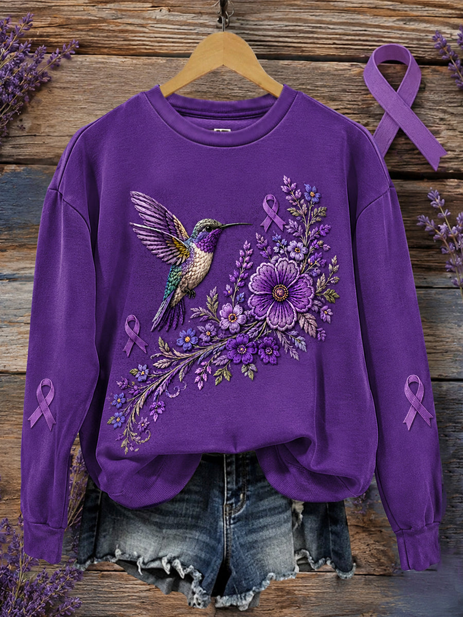 Sweatshirt de soutien de sensibilisation à la maladie d'Alzheimer à imprimé floral et colibri violet pour femme