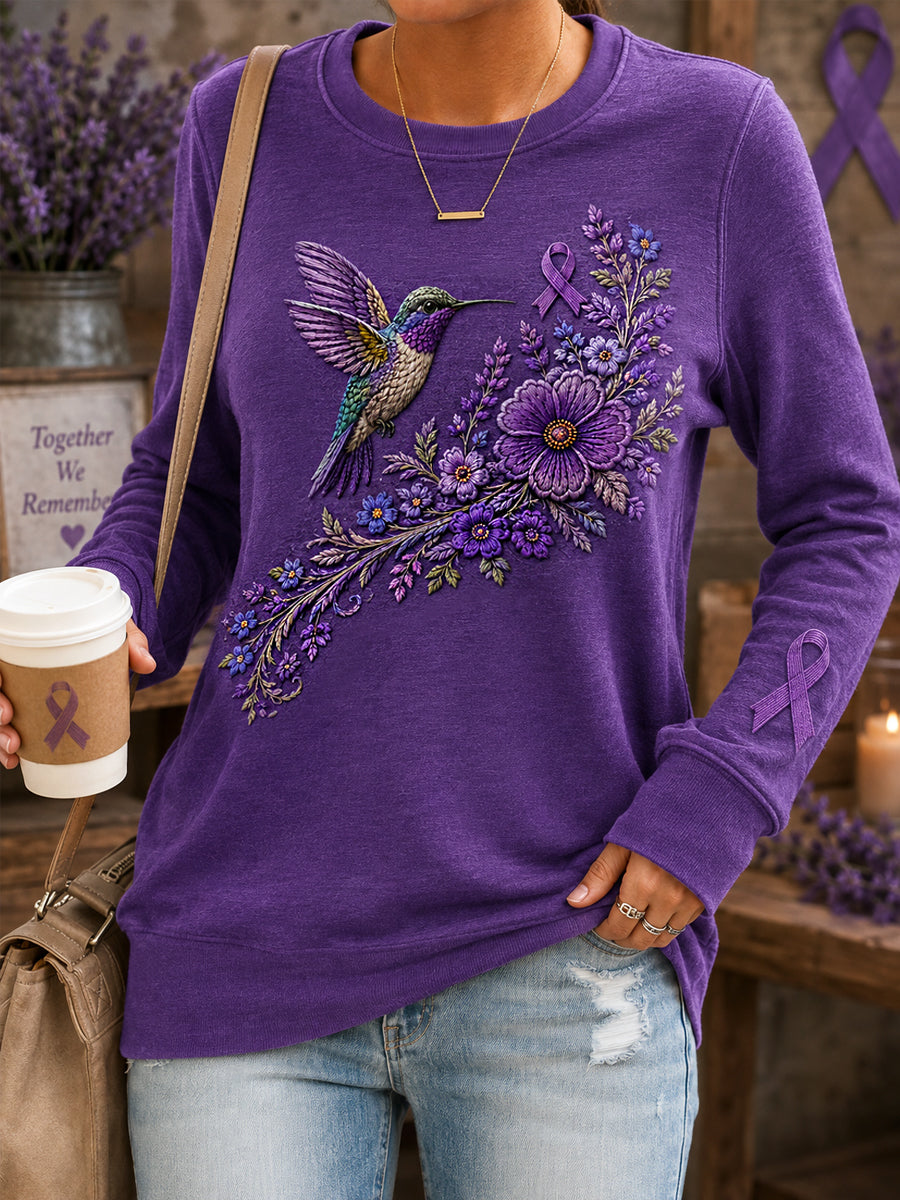 Sweat-shirt de soutien à la sensibilisation à la maladie d’Alzheimer pour femmes, imprimé floral violet et colibris