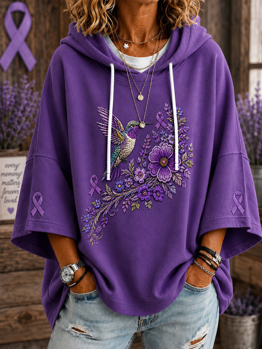 Sweat à capuche à manches courtes pour femmes violet imprimé floral et colibri Alzheimer Awareness Support